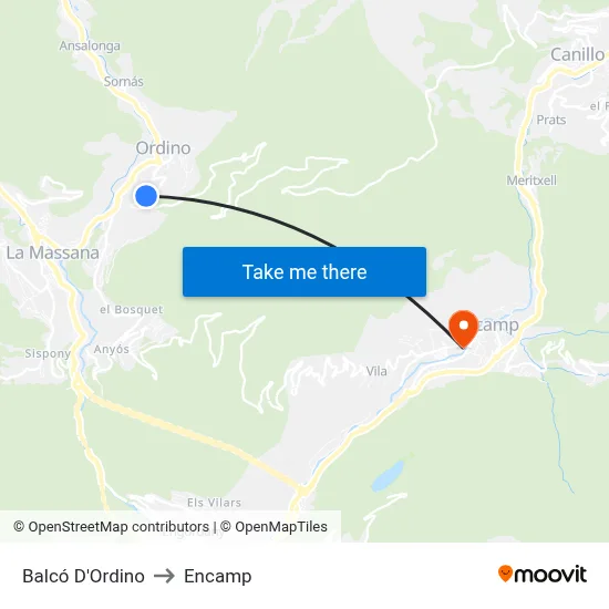 Balcó D'Ordino to Encamp map