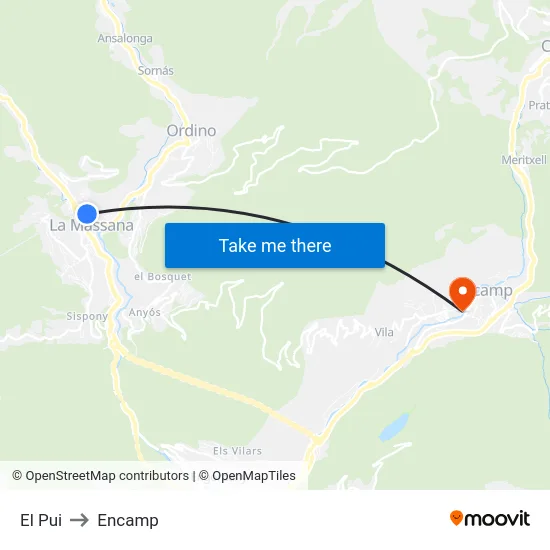 El Pui to Encamp map