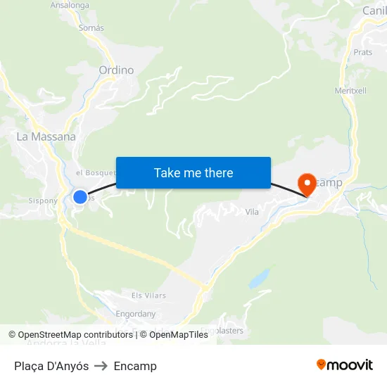 Plaça D'Anyós to Encamp map