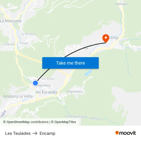 Les Teulades to Encamp map