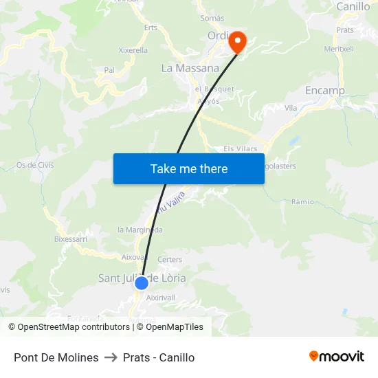 Pont De Molines to Prats - Canillo map