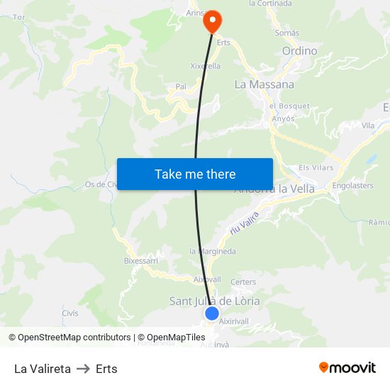 La Valireta to Erts map