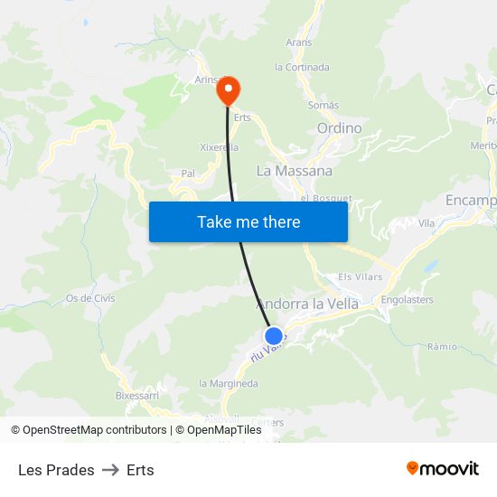 Les Prades to Erts map