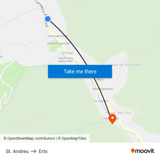 St. Andreu to Erts map