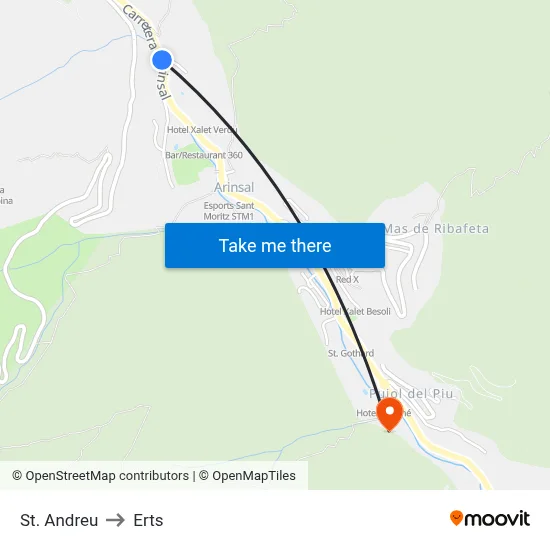 St. Andreu to Erts map