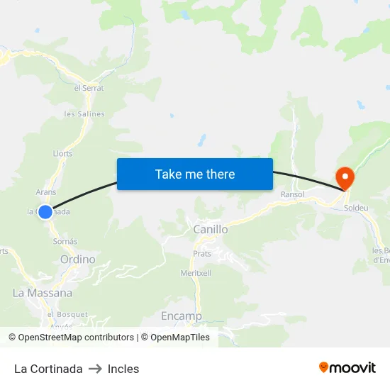 La Cortinada to Incles map