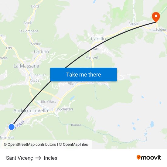 Sant Vicenç to Incles map