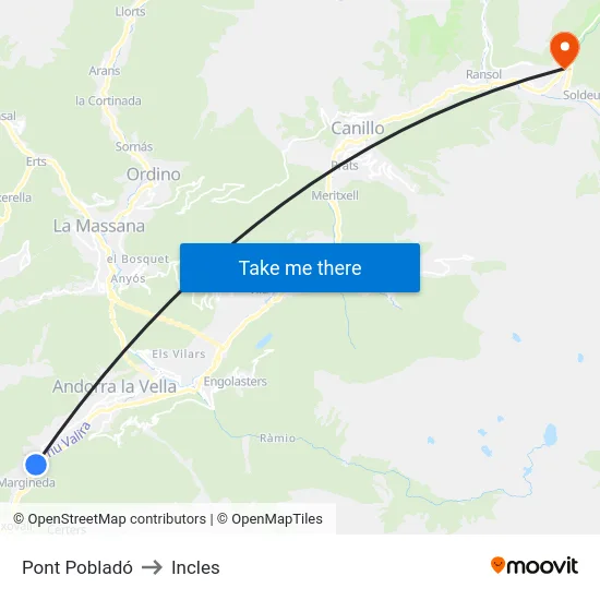 Pont Pobladó to Incles map