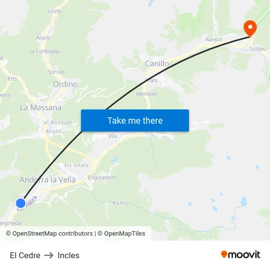 El Cedre to Incles map