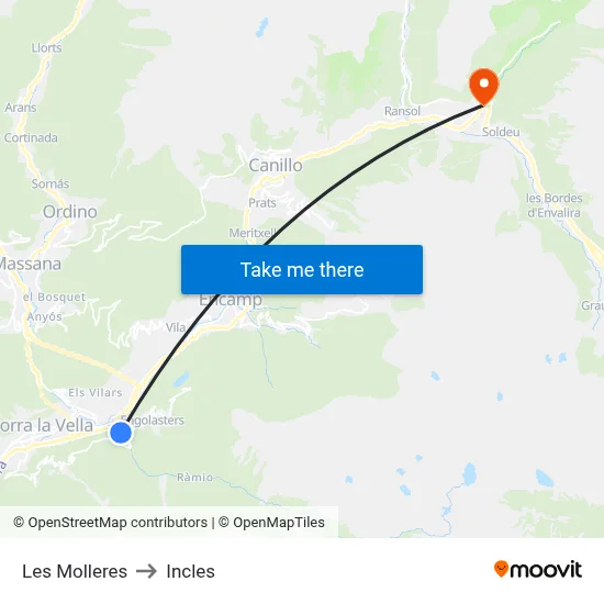 Les Molleres to Incles map