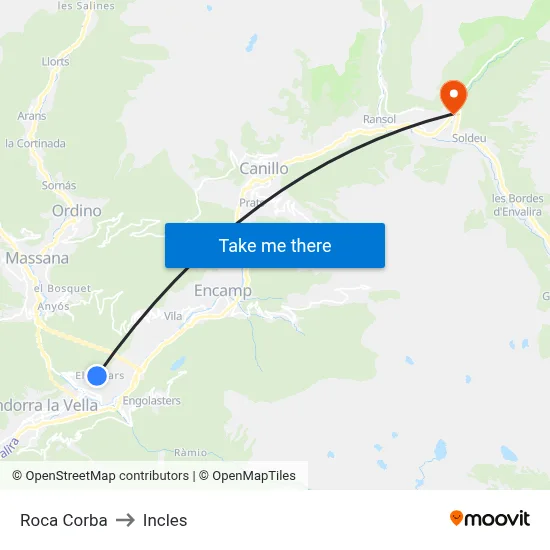 Roca Corba to Incles map