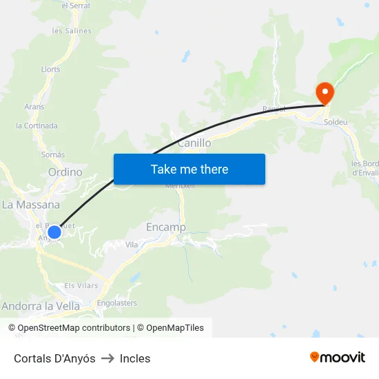 Cortals D'Anyós to Incles map