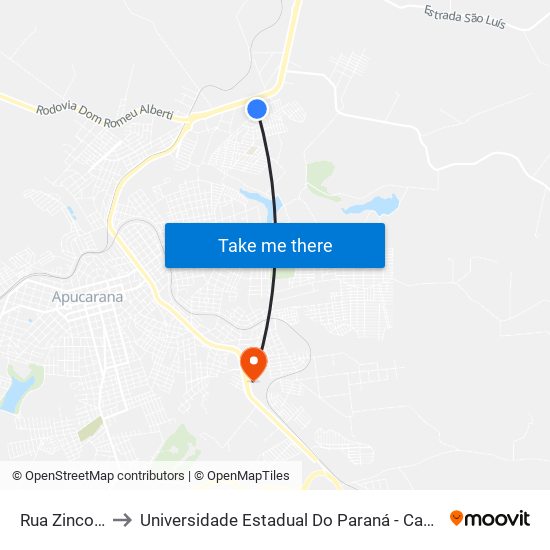 Rua Zinco, 1-75 to Universidade Estadual Do Paraná - Campus Apucarana map