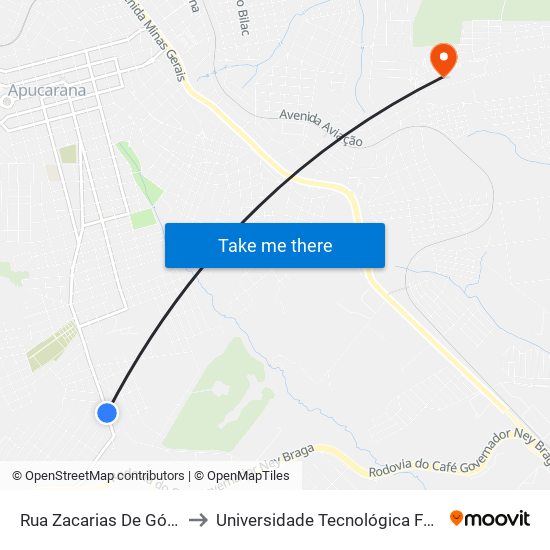 Rua Zacarias De Góes E Vasconcelos, 309-339 to Universidade Tecnológica Federal Do Paraná - Campus Apucarana map