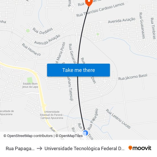 Rua Papagaio, 440-492 to Universidade Tecnológica Federal Do Paraná - Campus Apucarana map