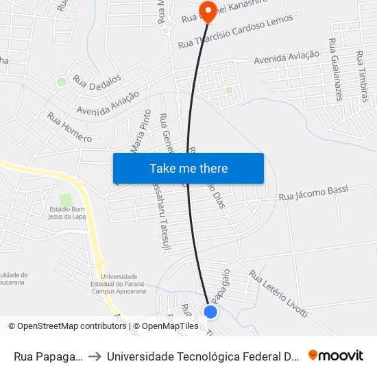 Rua Papagaio, 222-350 to Universidade Tecnológica Federal Do Paraná - Campus Apucarana map