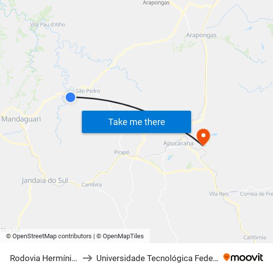 Rodovia Hermínio Antonio Pennacchi to Universidade Tecnológica Federal Do Paraná - Campus Apucarana map