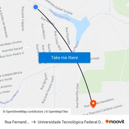 Rua Fernando Pereira, 96 to Universidade Tecnológica Federal Do Paraná - Campus Apucarana map