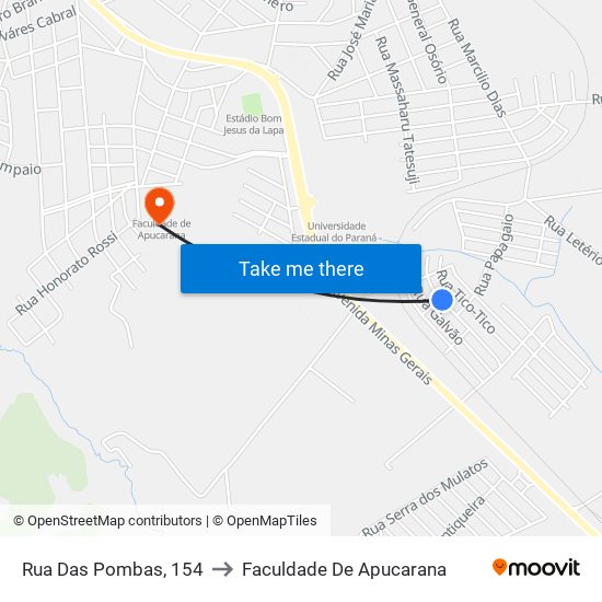 Rua Das Pombas, 154 to Faculdade De Apucarana map