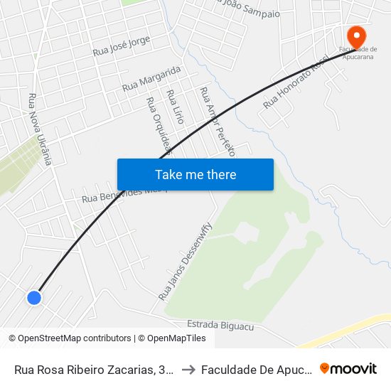 Rua Rosa Ribeiro Zacarias, 398-428 to Faculdade De Apucarana map