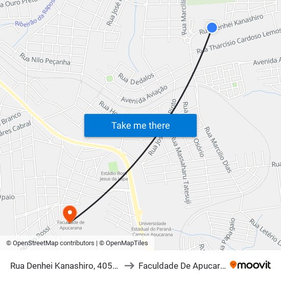 Rua Denhei Kanashiro, 405-597 to Faculdade De Apucarana map