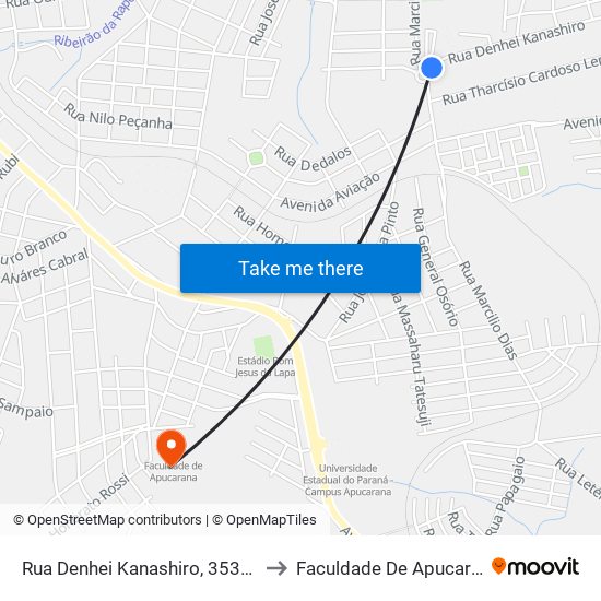 Rua Denhei Kanashiro, 353-403 to Faculdade De Apucarana map