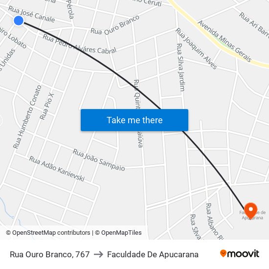 Rua Ouro Branco, 767 to Faculdade De Apucarana map