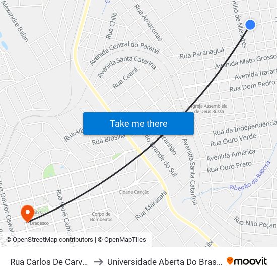 Rua Carlos De Carvalho, 851-963 to Universidade Aberta Do Brasil - Polo Apucarana map