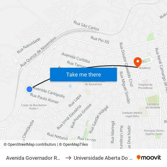 Avenida Governador Roberto Da Silveira, 416 to Universidade Aberta Do Brasil - Polo Apucarana map