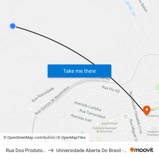 Rua Dos Produtores, 1-151 to Universidade Aberta Do Brasil - Polo Apucarana map