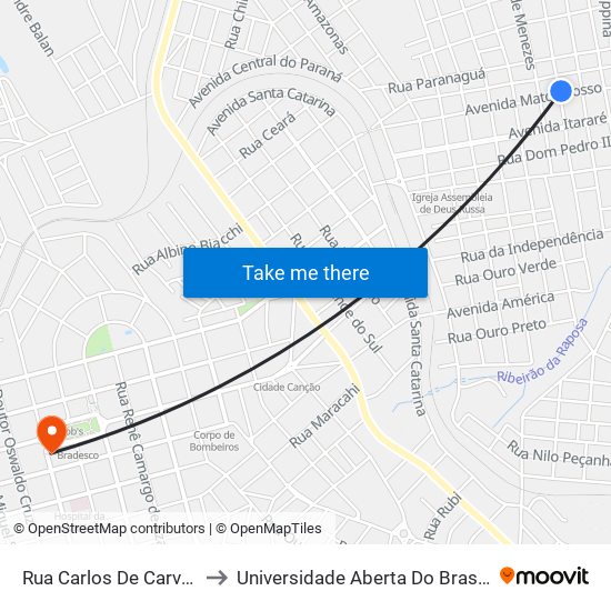Rua Carlos De Carvalho, 546-624 to Universidade Aberta Do Brasil - Polo Apucarana map