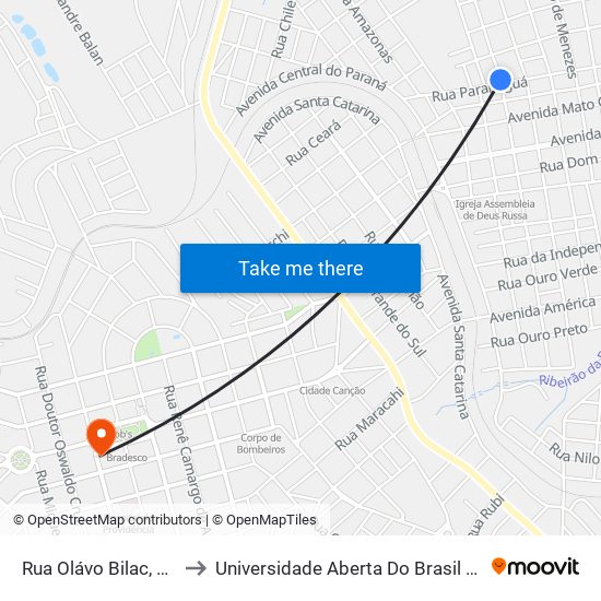 Rua Olávo Bilac, 1148-1264 to Universidade Aberta Do Brasil - Polo Apucarana map