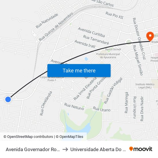 Avenida Governador Roberto Da Silveira, 1175 to Universidade Aberta Do Brasil - Polo Apucarana map
