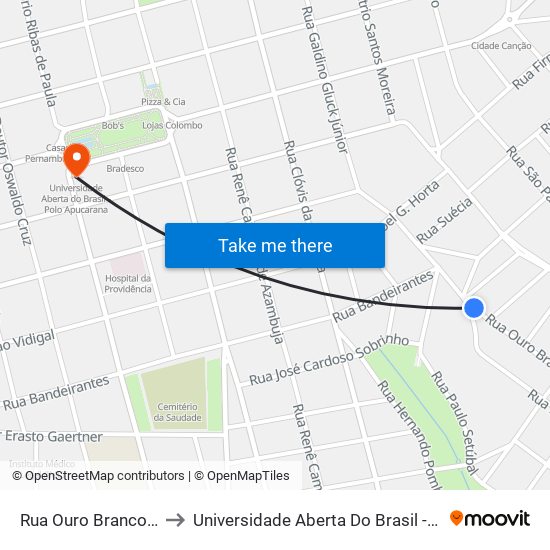 Rua Ouro Branco, 296-326 to Universidade Aberta Do Brasil - Polo Apucarana map