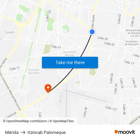 Mérida to Itzincab Palomeque map