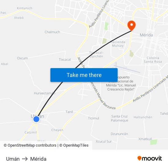 Umán to Mérida map
