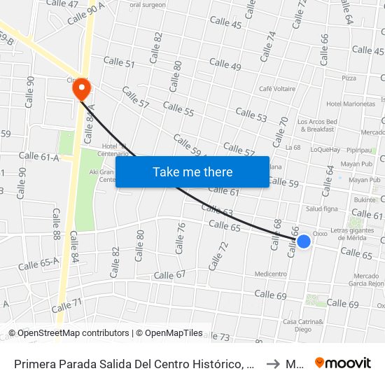 Primera Parada Salida Del Centro Histórico, Calle 65 Por 64 Y 66, Centro to Mérida map