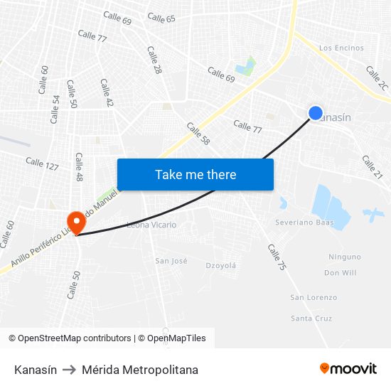 Kanasín to Mérida Metropolitana map