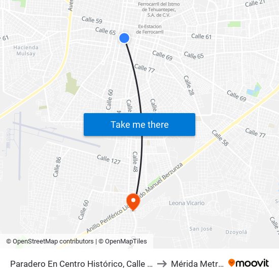 Paradero En Centro Histórico, Calle 58 Por 65 Y 67, Centro to Mérida Metropolitana map