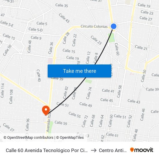 Calle 60 Avenida Tecnológico Por Circuito Colonias, Buenavista to Centro Anticanceroso map