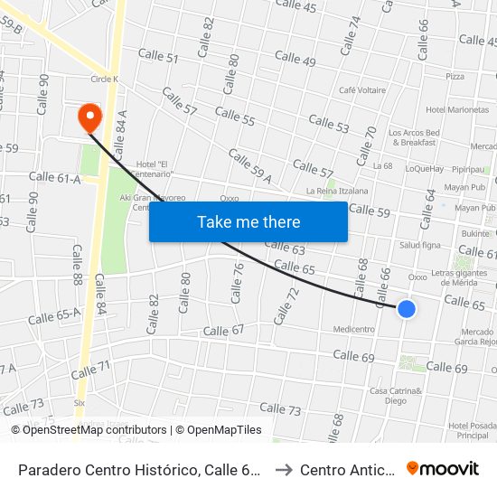 Paradero Centro Histórico, Calle 64 Por 67 Y 65, Centro to Centro Anticanceroso map