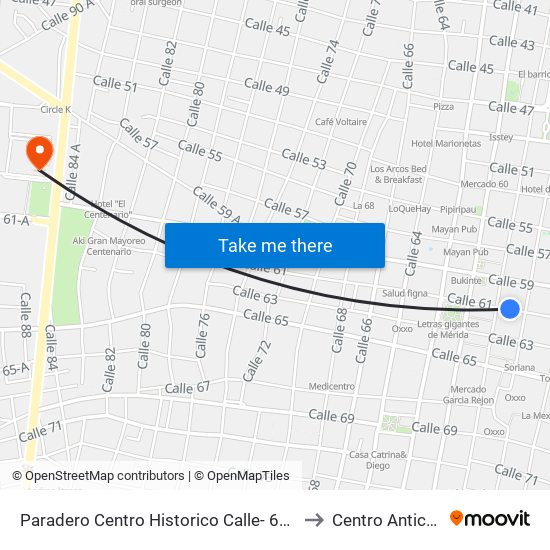 Paradero Centro Historico Calle- 61 Por 56 Y 58 Centro to Centro Anticanceroso map