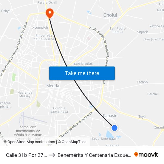 Calle 31b Por 27, Fraccionamiento Rinconada Kanasín to Benemérita Y Centenaria Escuela Normal De Educación Primaria ""Rodolfomenéndez De La Peña"" map