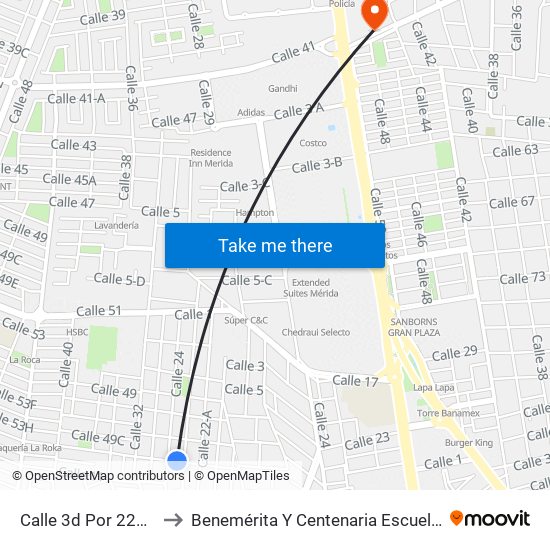 Calle 3d Por 22b Y 24, Fraccionamiento Bugambilias to Benemérita Y Centenaria Escuela Normal De Educación Primaria ""Rodolfomenéndez De La Peña"" map