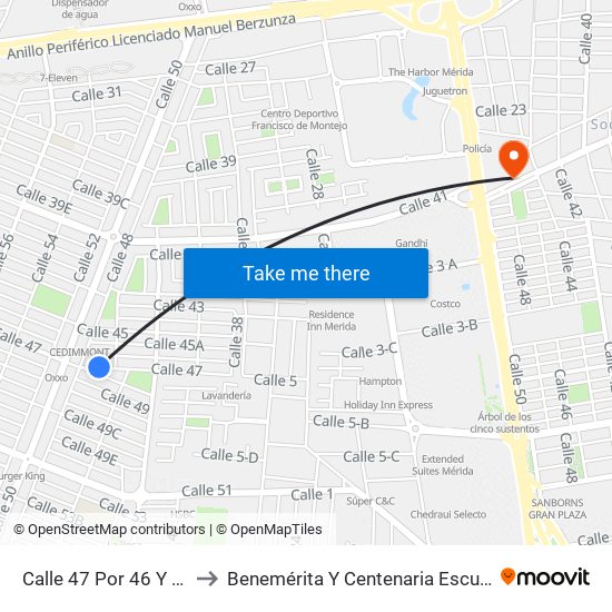 Calle 47 Por 46 Y 48, Fraccionamiento Francisco De Montejo to Benemérita Y Centenaria Escuela Normal De Educación Primaria ""Rodolfomenéndez De La Peña"" map