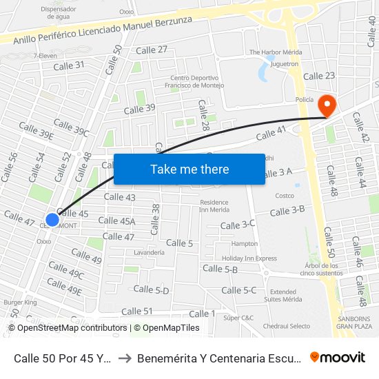 Calle 50 Por 45 Y 47, Fraccionamiento Francisco Montejo to Benemérita Y Centenaria Escuela Normal De Educación Primaria ""Rodolfomenéndez De La Peña"" map