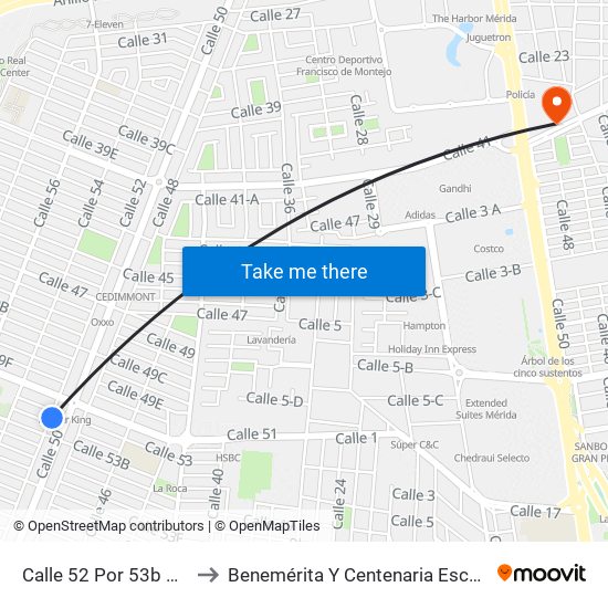 Calle 52 Por 53b Y 51, Fraccionamiento Francisco De Montejo to Benemérita Y Centenaria Escuela Normal De Educación Primaria ""Rodolfomenéndez De La Peña"" map