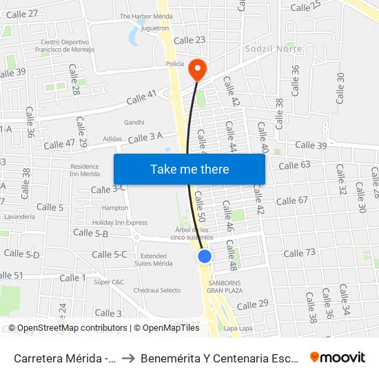 Carretera Mérida - Progreso Calle 60 Por 50, Montes De Amé to Benemérita Y Centenaria Escuela Normal De Educación Primaria ""Rodolfomenéndez De La Peña"" map