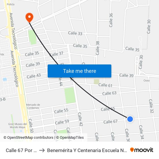 Calle 67 Por 34 Y 36, Montes De Amé to Benemérita Y Centenaria Escuela Normal De Educación Primaria ""Rodolfomenéndez De La Peña"" map