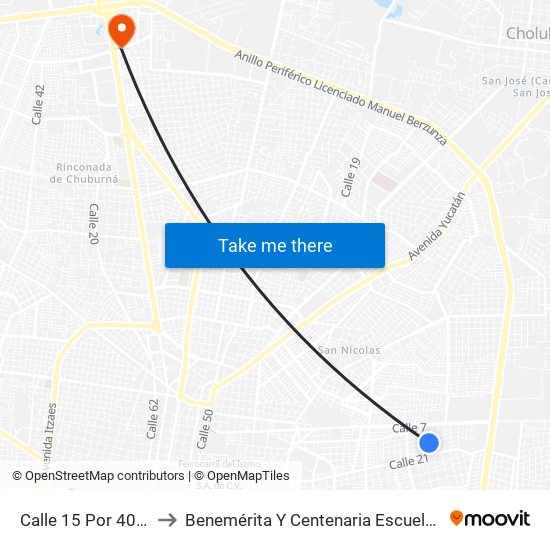 Calle 15 Por 40 Y 38, Nueva Pacabtún, Los Reyes to Benemérita Y Centenaria Escuela Normal De Educación Primaria ""Rodolfomenéndez De La Peña"" map